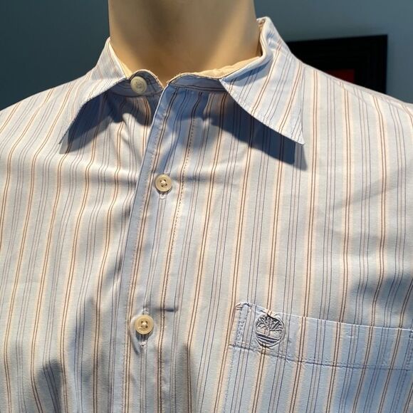Timberland Large Button Down Stress Shirt Stripes Embroidered Logo Chest Pocket - Picture 2 of 5